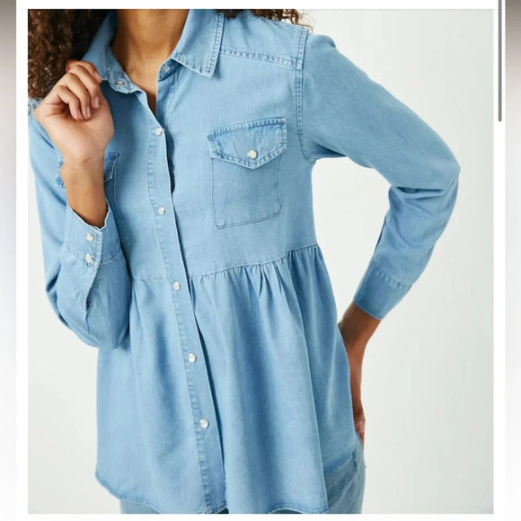 Hayden LA Snap Button Babydoll Button Down Peplum Western Tencel Shirt Large - Picture 1 of 7